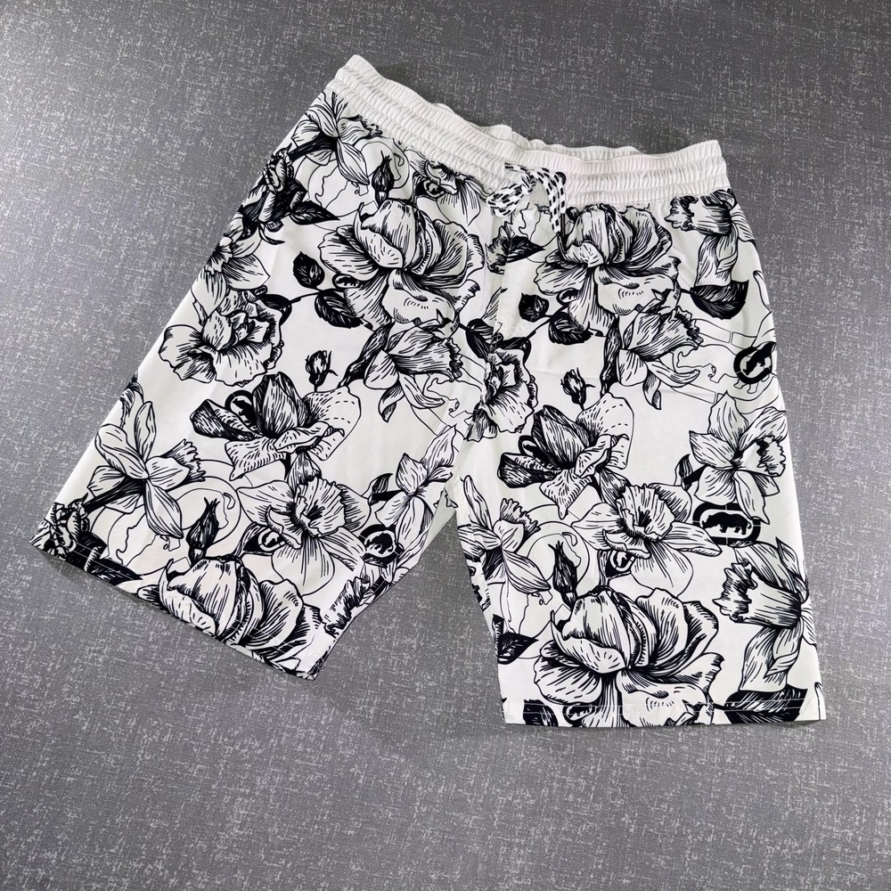 Ecko Unltd Shorts Mens Medium White Black Floral‎ Swim Trunks Quick Dry Beach